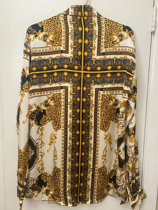 Zara Satin Print Button-Up Shirt – Baroque Pattern Long Sleeve - Picture 8 of 11